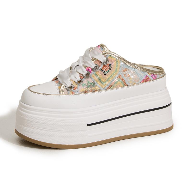 

Баотоу шлепанцы женские летние для улицы 2025 новые на толстой подошве с внутренней платформой белые туфли универсальные дышащие сетчатые полушлепанцы 39 платиновый