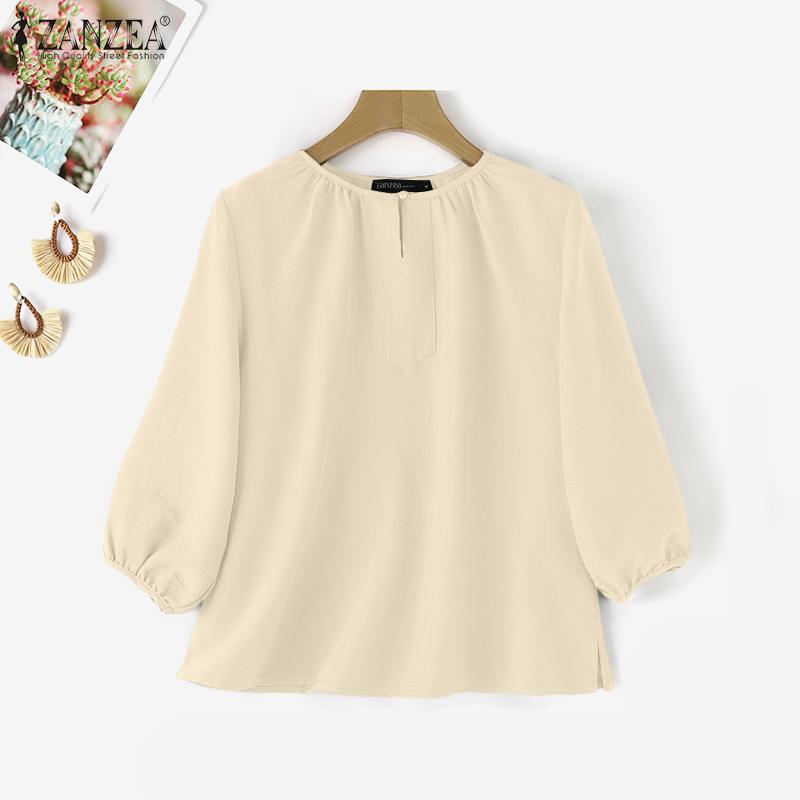 ZANZEA Women Casual Round Neck Solid Color 3/4 Sleeve Loose Blouse