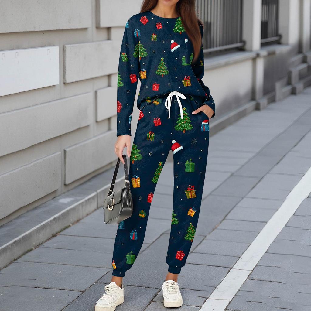 Sets For Women 2 Piece Round Neck Long Sleeve Shirts Printed Sweatpants Pocket Sets