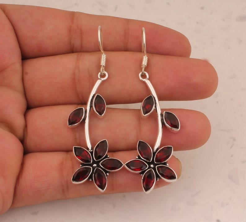 

Solid 925 Sterling Silver Garnet Gemstone Handmade Boho Designer Lond Dangle Earring Jewelry Gift For her