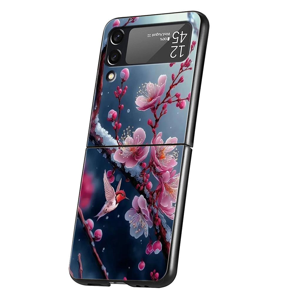 Cherry Blossoms Hard PC Phone Case For Samsung Galaxy Z Flip 5 4 3 Black Cover For Galaxy Z Flip 6 Foldable Shockproof Cases Bag
