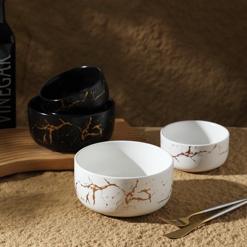 Ceramic Bowl Marble Pattern Instant Noodle  Snack BowlS Soup Bowl Household Rice  Cross-Border Gold Porcelain Gold Trim