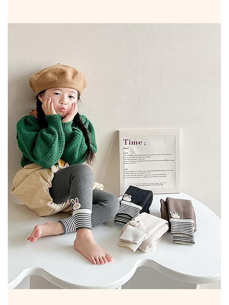 Girls' Velvet-Lined Fleece Leggings - Medium-Thick, Striped Rabbit Design for Winter