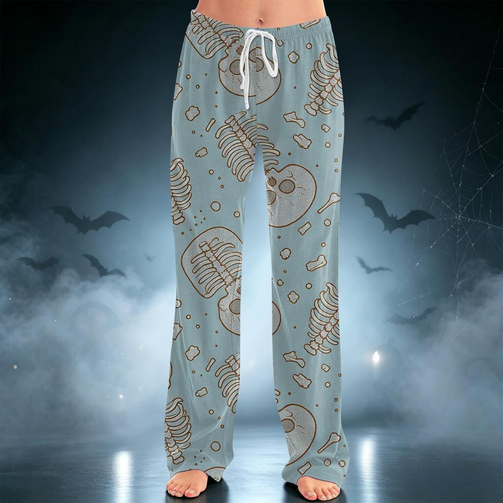 Women's Casual Pants with Drawstring Wide Leg Halloween Print for Holiday Relaxation