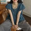 Fashion Folds Vintage Denim Blouse Summer Thin Short Sleeve Women's Clothing Loose Solid Color All-match Casual Round Neck Shirt