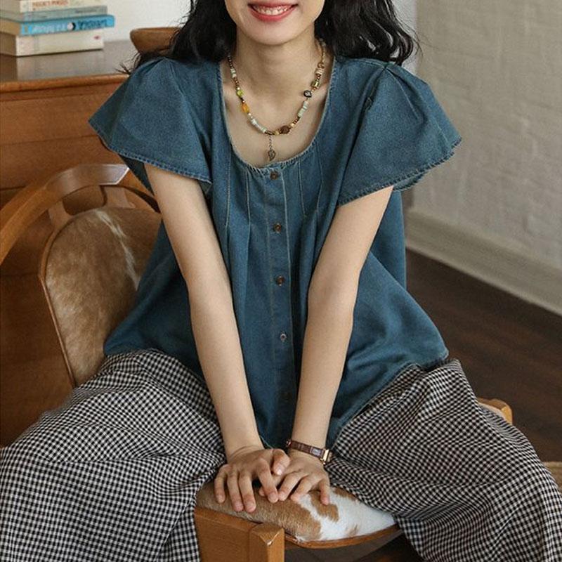 Fashion Folds Vintage Denim Blouse Summer Thin Short Sleeve Women's Clothing Loose Solid Color All-match Casual Round Neck Shirt