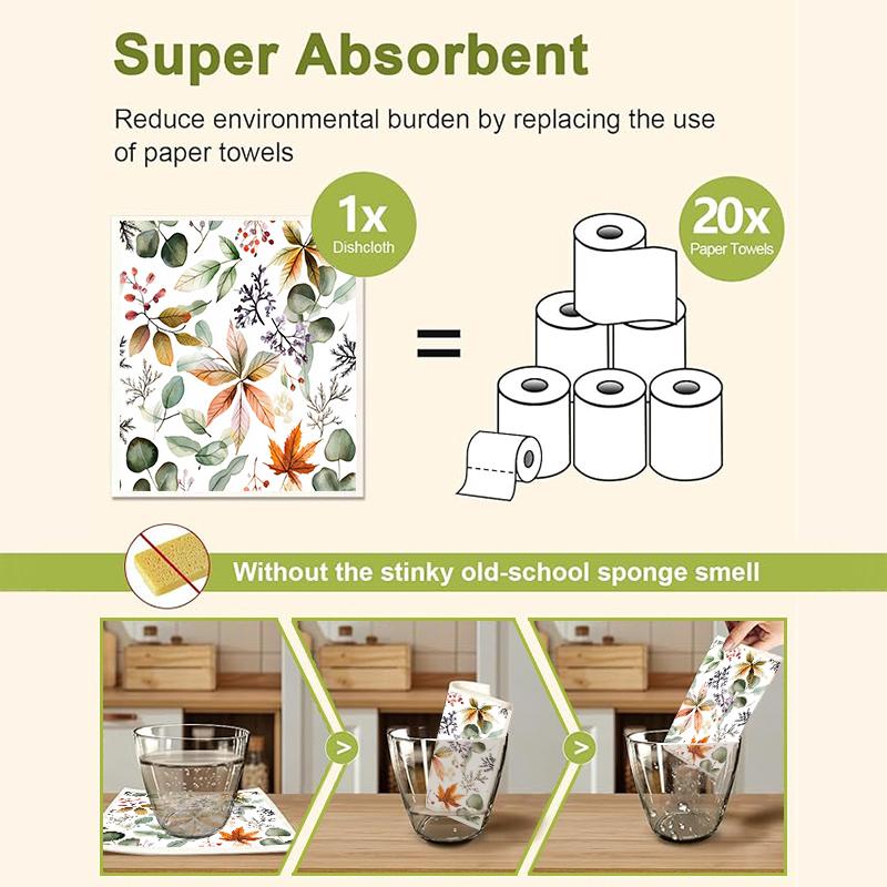 6PCS Leaves Flowers Print Swedish Dishcloths Eco-Friendly Kitchen Rags Absorbent Dish Towels Reusable Washable Cleaning Cloths