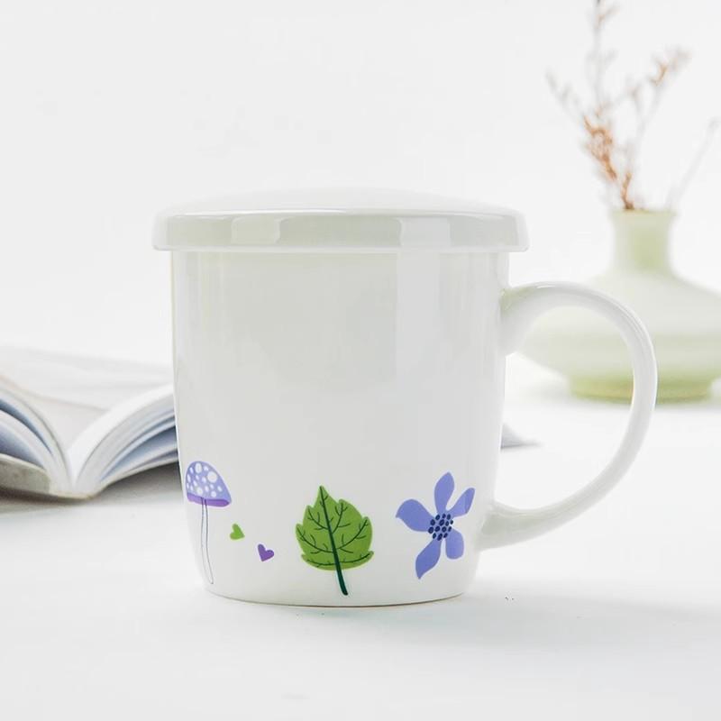 White Bone China Coffee Cup New Household 310ml Flower Pattern Overglaze Color Mugs with Lid High Aesthetic Milk Oats Cup
