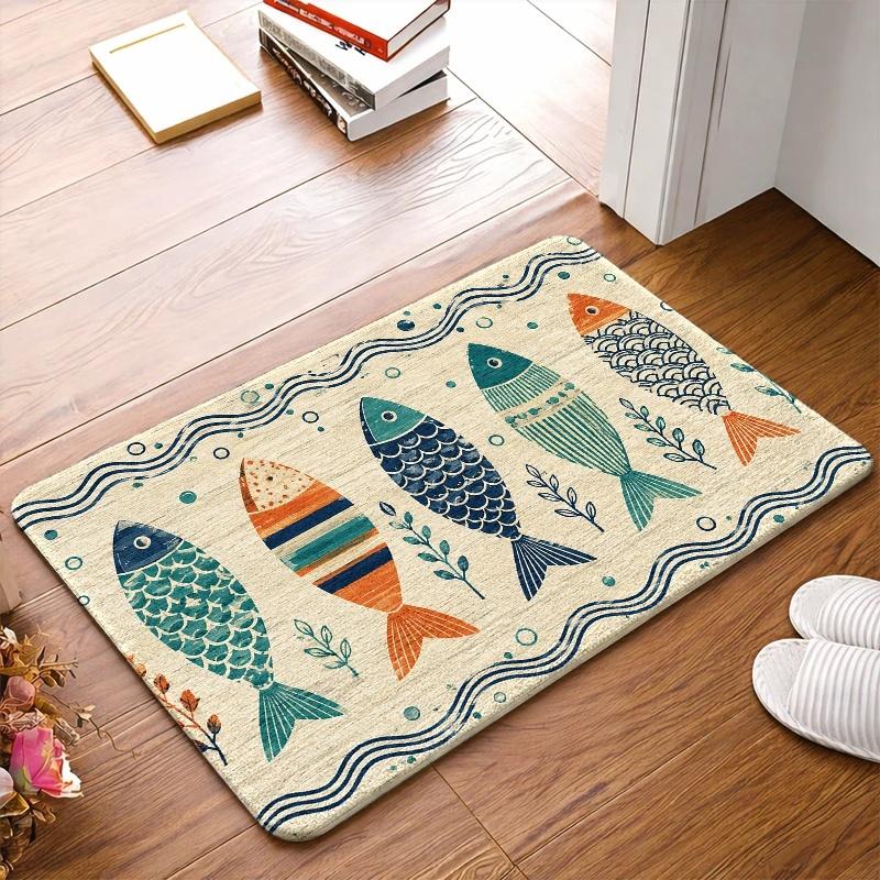 Vibrant Printed Fish Pattern Polyester Doormat Mat for Entryway Beach Nautical Bathroom Decor Waterproof House Mat Rug Idea
