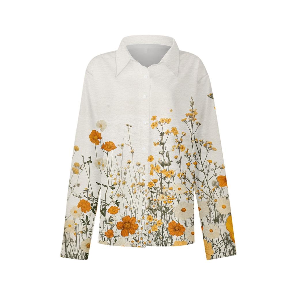 Women's Shirt With Floral Print Buttons, Long Sleeved Casual Regular Shirt Blouses Casual Plus Size Basic Tops