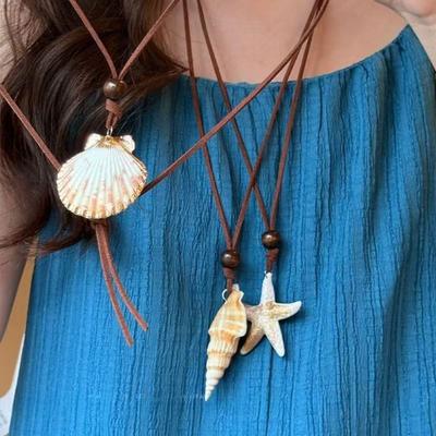 Seaside Vacation Style Seashell Pendant Necklace Long Choker Collarbone Chain  Daily Wear