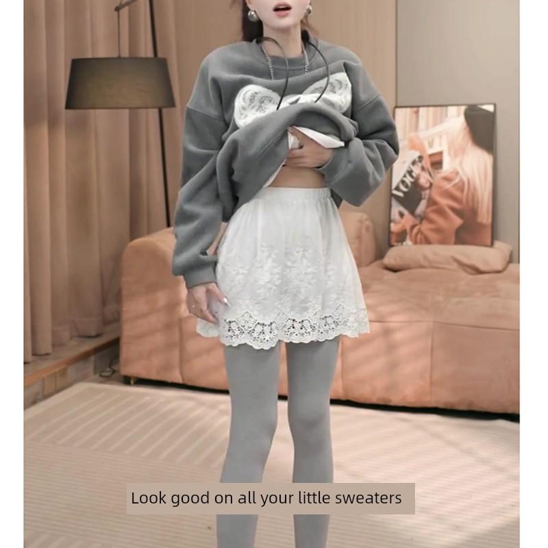 

Plus Size Chubby Girl White Lace Fart Curtain Women s Spring with Shark Pants Thigh-Length Butt Slim Looking Bandage Dress Hem Short Skirt XL