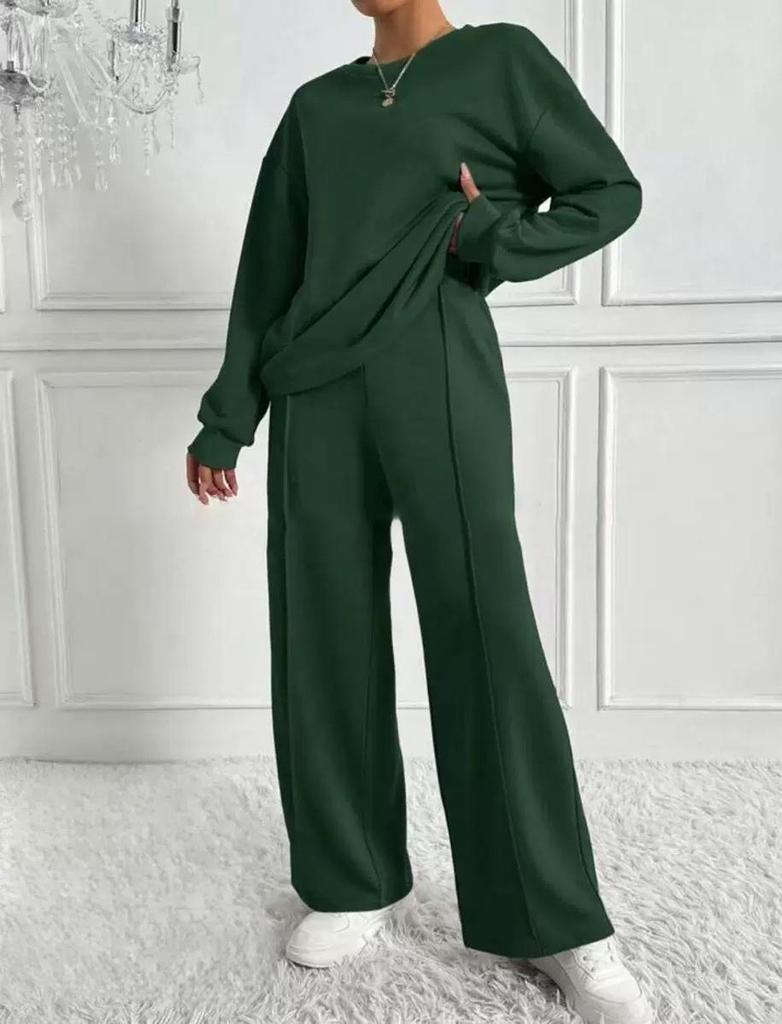 Trendy Solid Color Long Sleeve Round Neck Two-Piece Set for Women