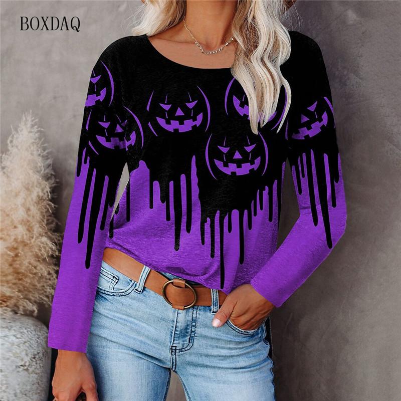 Horror Pumpkin Halloween Women Fashion T-shirts Long Sleeve 3d Print Tie-dye Street Hip Hop Ladies Tees 6XL Big Size Casual Tops