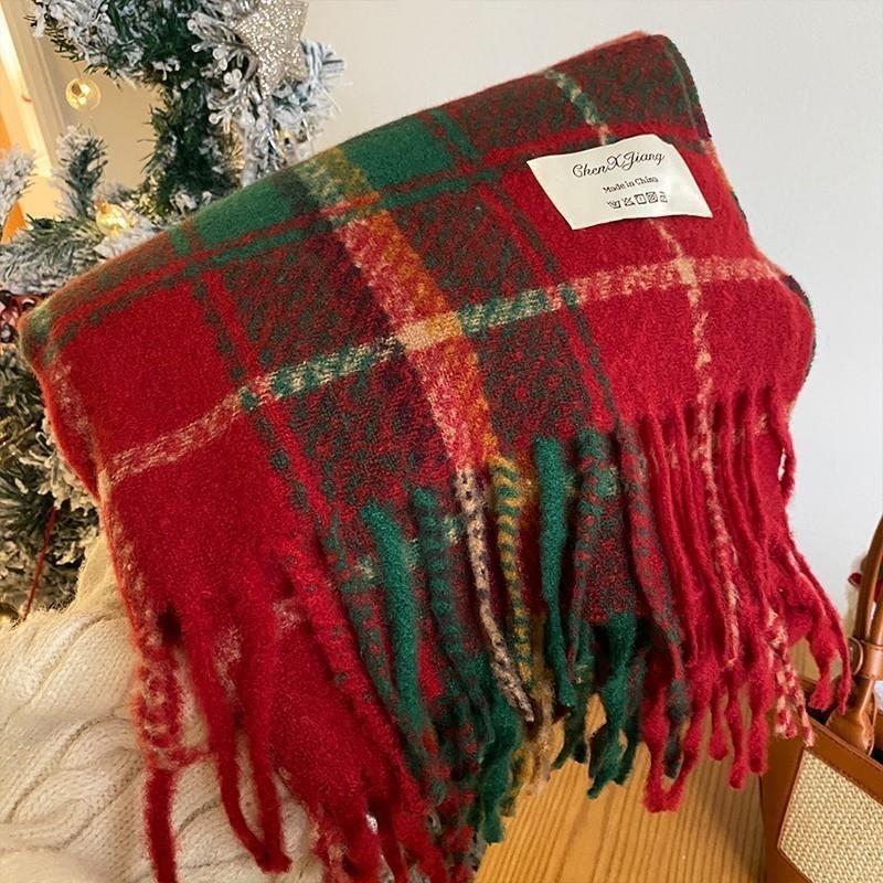 New Christmas red scarf women's winter high-end plaid imitation cashmere shawl atmosphere versatile scarf