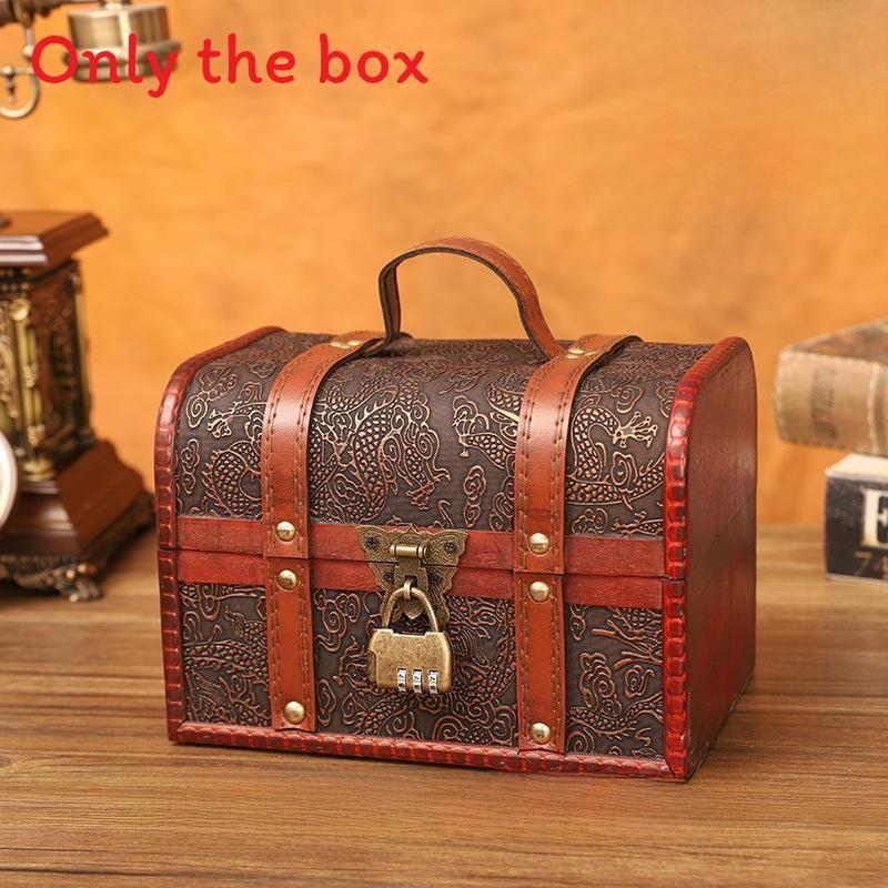 Retro Dragon Pattern Wooden Storage Box With Metal Lock For Storage Desktop