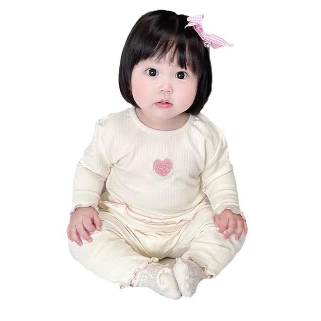 Embroidered Heart Long Johns Pajama Set for Baby Girls - Autumn Two-Piece Homewear