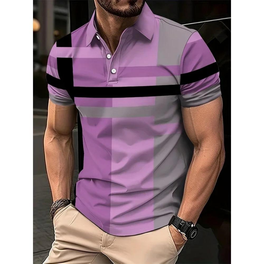 Men's Casual Short Sleeve Polo Shirts Summer Breathable Striped Golf T-Shirt