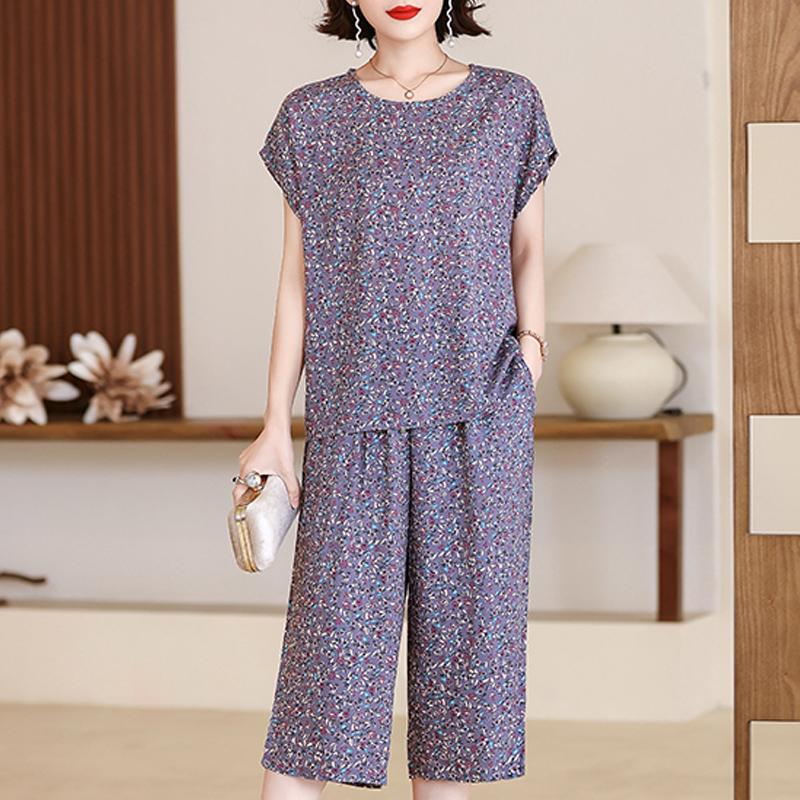 Plus Size Women Two Peice Sets Summer Loose Elegant High Waist Pant Sets Female Casual Vintage Print Oversize Suit