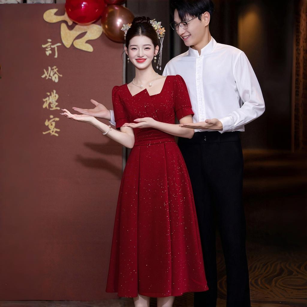 Red Square Neck Short-sleeved Toast Dress Waist and Thin Medium and Long Engagement Banquet Temperament Evening Dress Dress Women's Clothing