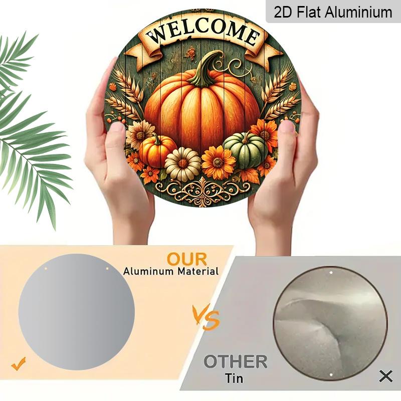 2D Flat, 1pc Aluminum Pumpkin Wreath Welcome Sign And Hanging Decor, Autumn And Thanksgiving Hanging Decoration, Suitable for Fall Harvest Greeting