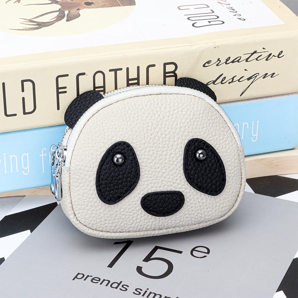 Yocipa Genuine Leather Panda Coin Purse with Keychain, Women's Mini Wallet, Cute Pouch, Small Animal Design Wallet, Double-Layer Zipper closure,