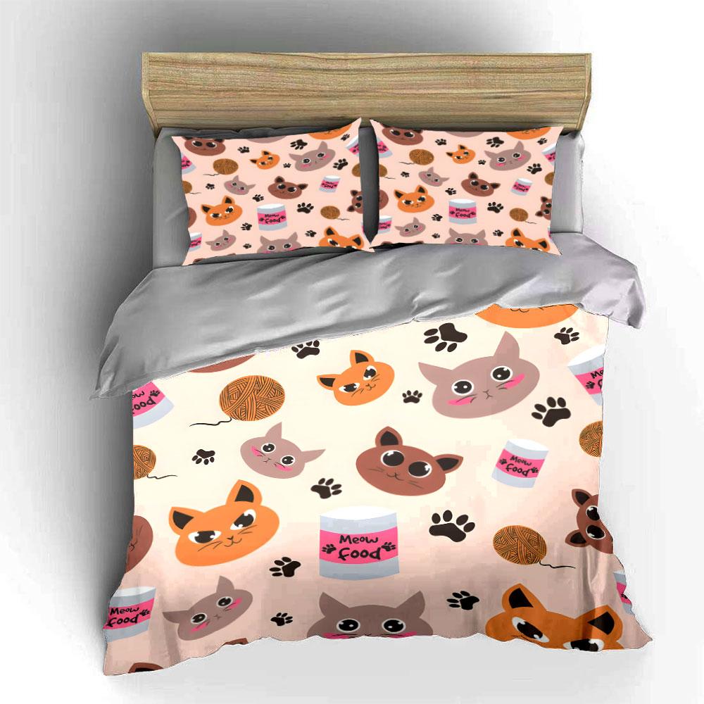 Cute Cat Faces and Paw Prints Bedding Duvet Cover Set (1*Duvet Cover 2*Pillowcases, Without Duvet Insert)