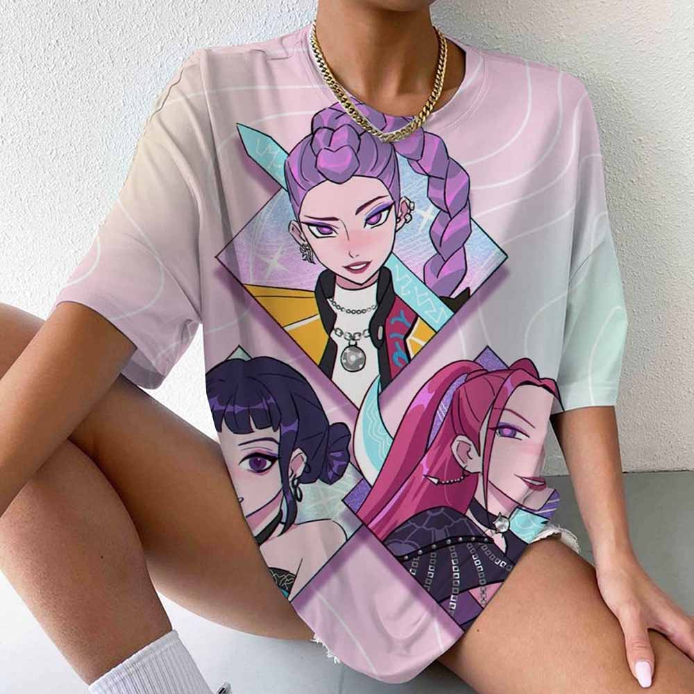 

Горячая K-Pop футболка с принтом Охотников на демонов Миры Руми Зои Женская модная футболка с коротким рукавом Уличная повседневная Личность Летняя футболка 8XL
