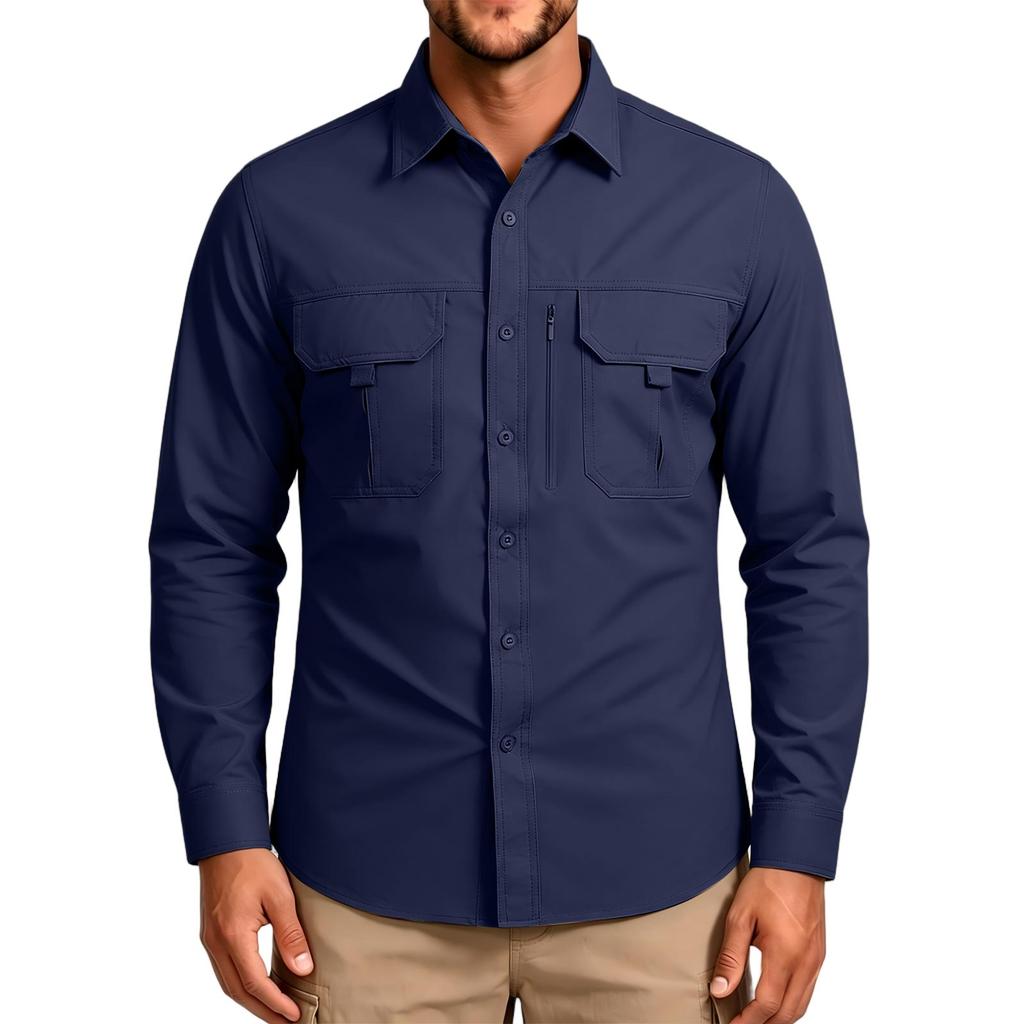 Men's Vintage Loose Fit Casual Work Shirt Long Sleeve Button Down Outdoor Utility Shirt with Multiple Pockets and Durable Fabric