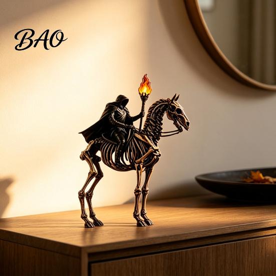 Collectible Gothic Art Gift Lighted Headless Horseman Resin Figurine, Halloween Statue with LED Warm Glow, Hooded Party Prop Rider on Skeleton