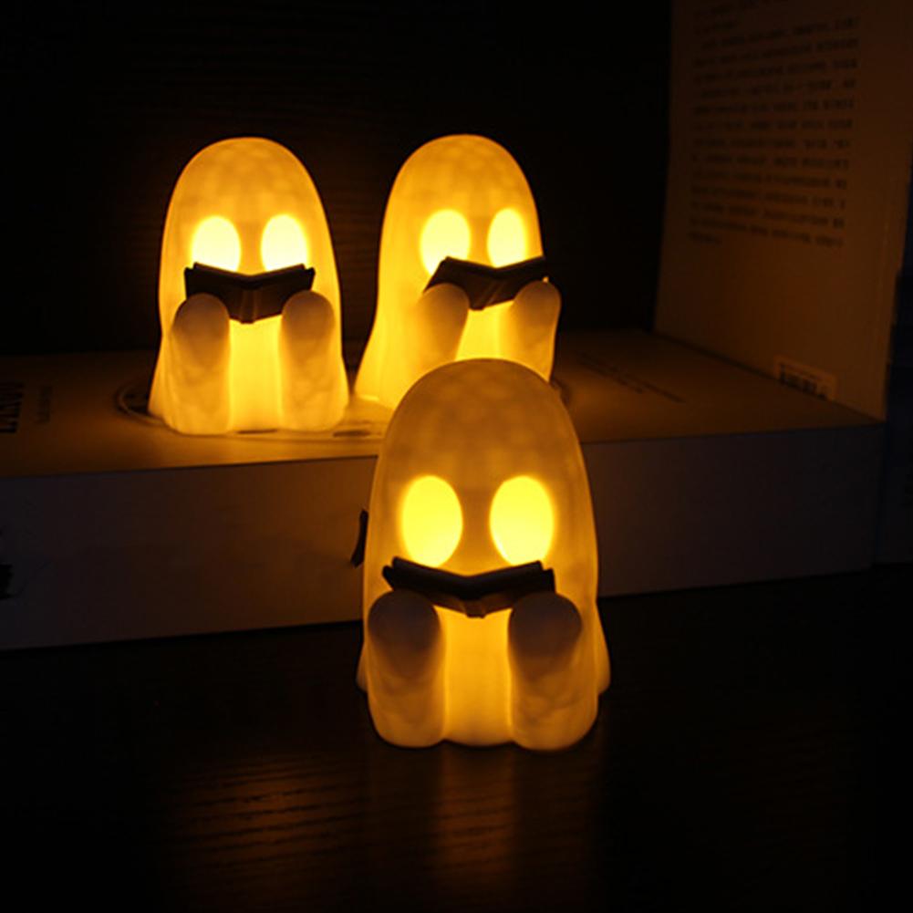 Halloween Ghost Decor Cute LED Resin Ghost Figurine with Pumpkin Basket Glow in Dark for Home Office Party Halloween Decoration