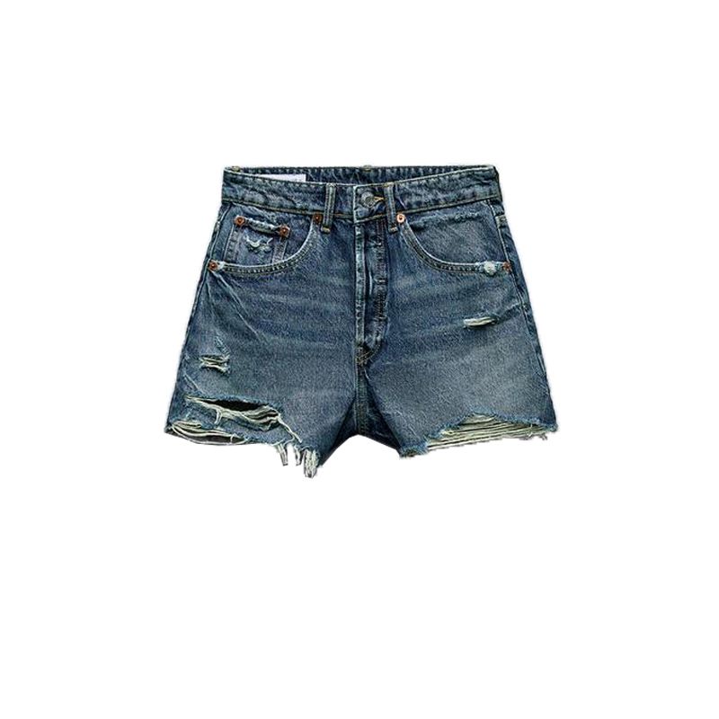 Spring New Trendy Match Sexy Washing Effect Raw Hem Ripped Decoration High Waist Denim Shorts 2569073