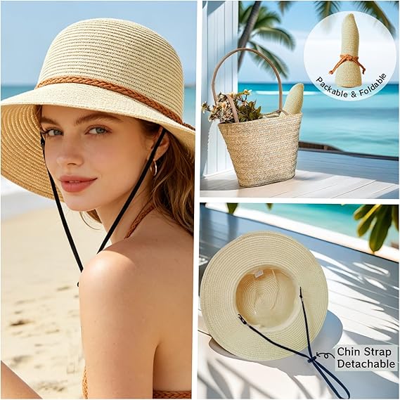 Beach Hats for Women - 33cm Sun Hat Womens, Wide Brim Straw Womens Sun Hat with Wind Lanyard Roll Up Foldable UV Protection