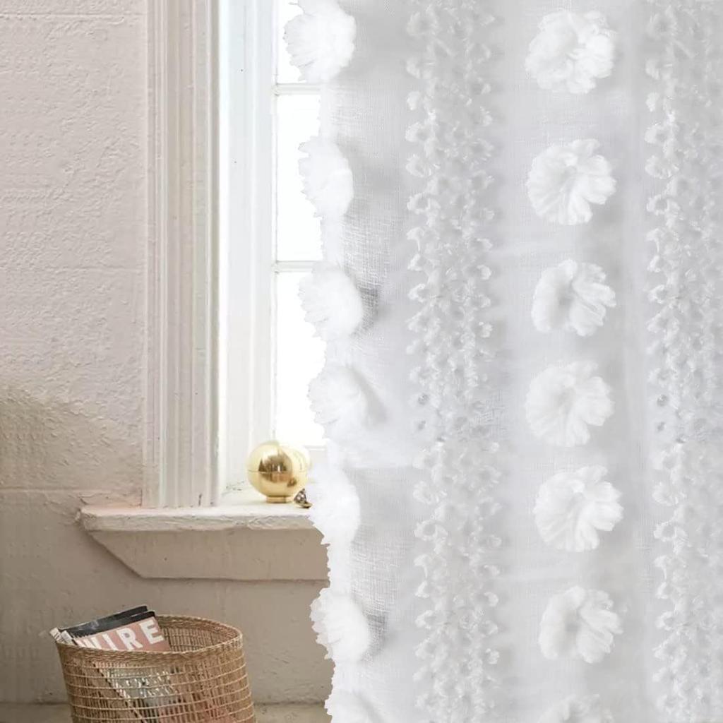 Curtains Bohemian Tufted Texture Embroidered Flowers Moroccan Living Room Bedroom White Sheer Tulle