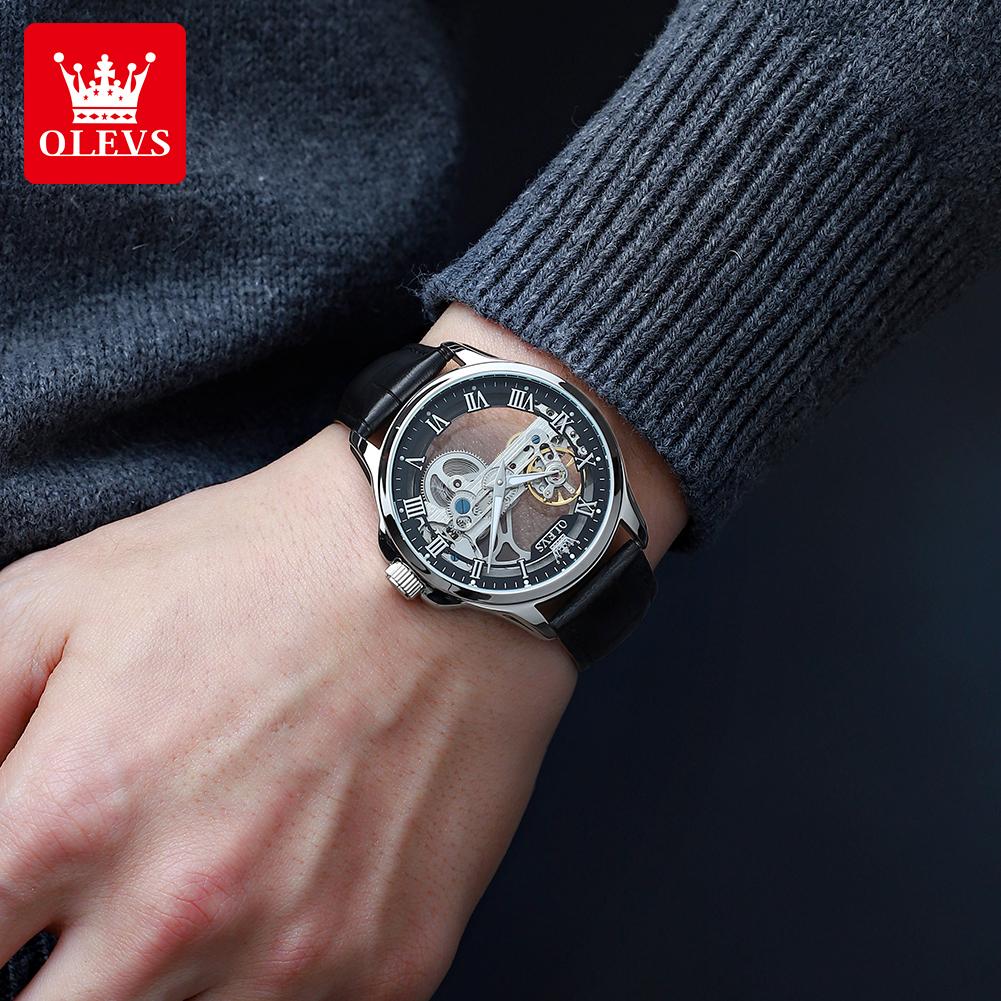 OLEVS 6661 Man Watch Luxury Fashion Leather Strap Fully Transparent Hollow Mechanical Wrist Watch for Men Original Men's Watches