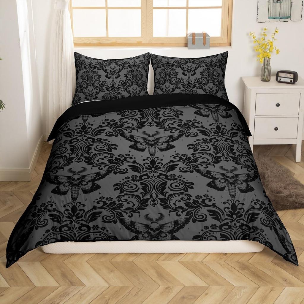 Adults Black Vintage Damask Floral Bedding Set King Size Gothic Bohemia Boho Flower Duvet Cover Gothic Skull Bedspread Cover