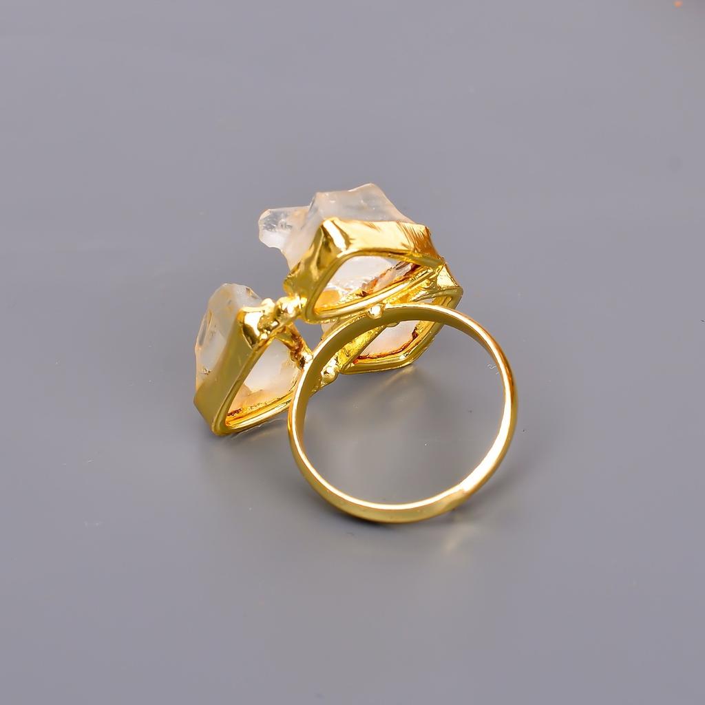 Citrine Gemstone Gold Plated Birthday Statement Boho Cocktail Electroformed Ring V-120