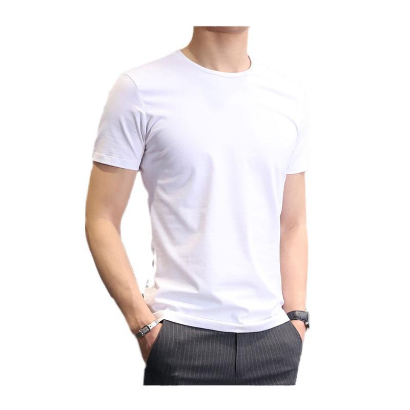 Men's Short-Sleeve Ice Silk Crew Neck Slim-Fit T-Shirt, Summer Korean Style, White Solid Color.