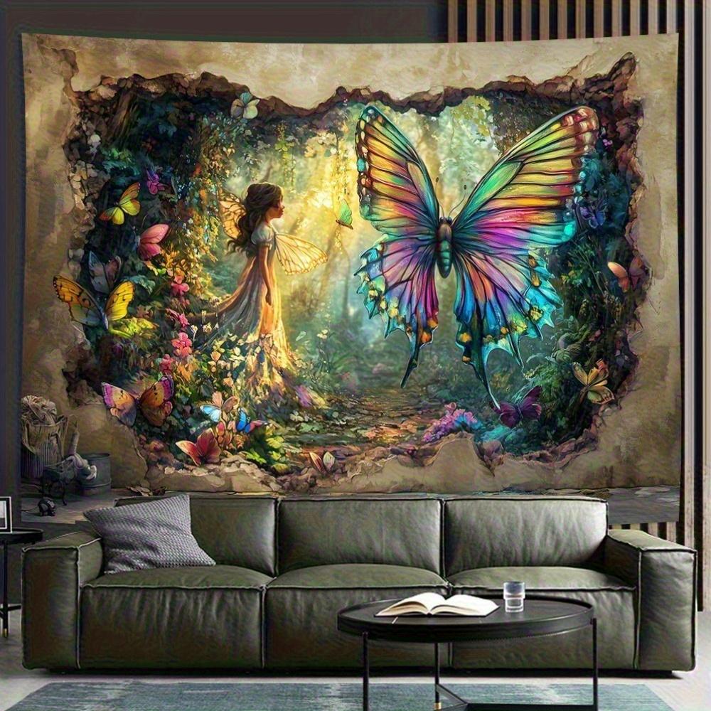 2D Butterflies Fairy Wall Tapestry - Vibrant Nature Scene with Girl & Colorful Butterflies, Polyester Fabric, Perfect for Living 100X70CM