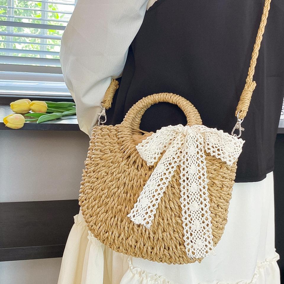 Women Straw Woven Bag Fashion Shoulder Bag Large Capacity Handwoven Tote Bag Drawstring Chic Hobo Bag Summer Beach Bag KTB