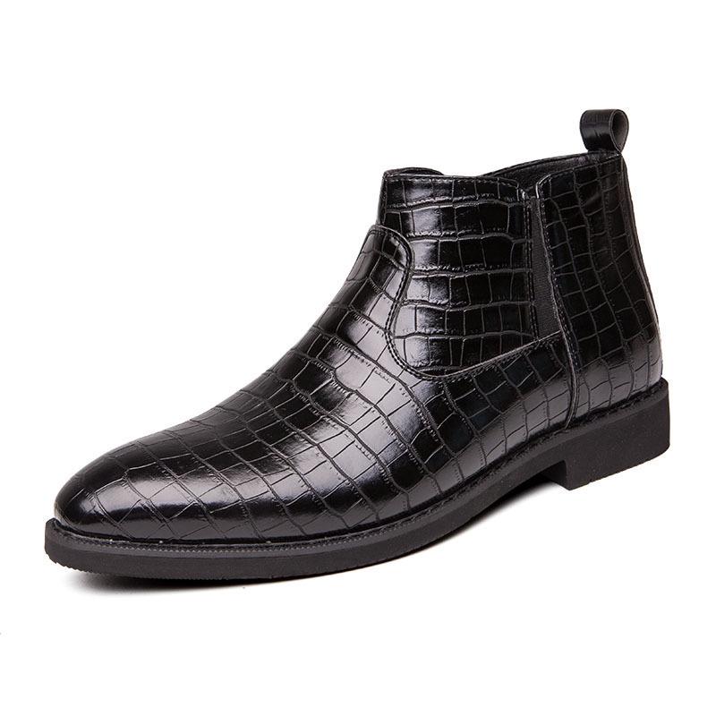 Plus Size Men's High Top Leather Chelsea Boots with Zipper and Brogue Design, Pointed Toe Martin Style.