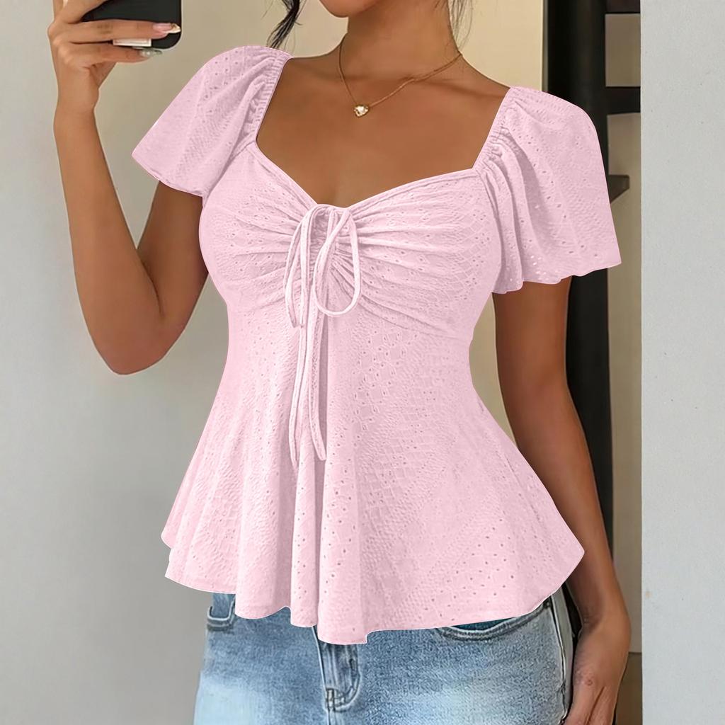 Damska Koszulka Top z Dekoltem V, Sznurkiem do Wiązania, Seksowna, Krótki Rękaw