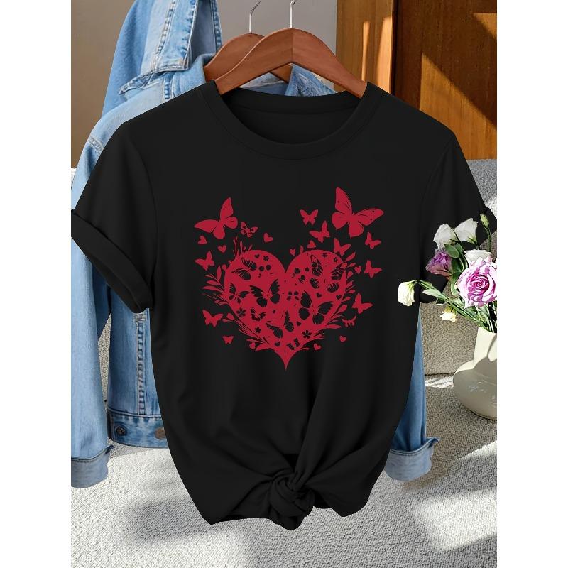 

European Size Elegant Party Women S Red Heart Pattern Printed Crew Neck Ladies Spring/Summer/Fall Short Sleeve T-Shirt 4XL чорний