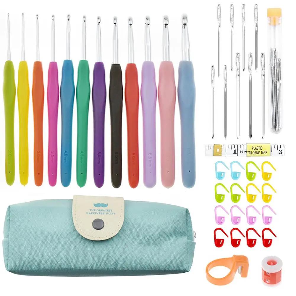 Aluminum Knitting Needles Set TPR Soft Handle Crochet Hooks Needles Comfortable Grip with Storage Bag for Sewing Weave Tool