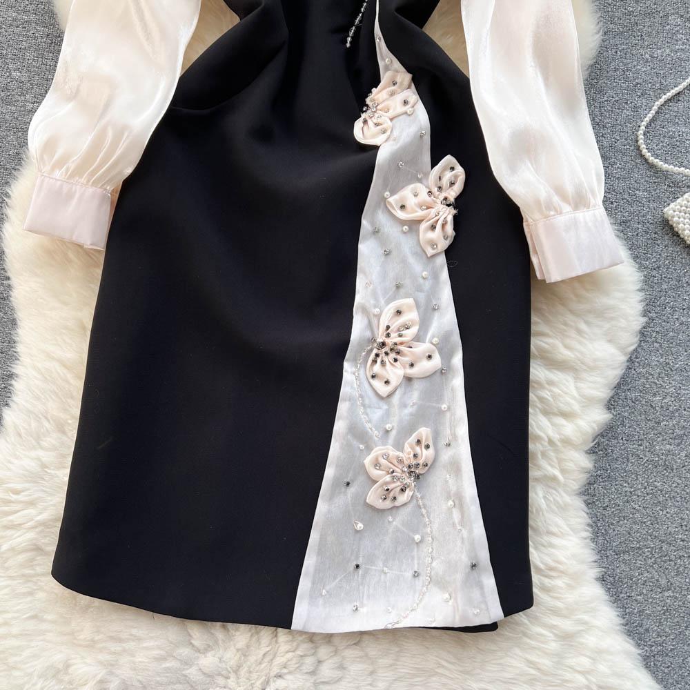 Vår Høst Kjendis Vintage Cheongsam Blyantkjole Dame Ny mote Langermet Mesh Patchwork Elegante Perlebue Festkjoler