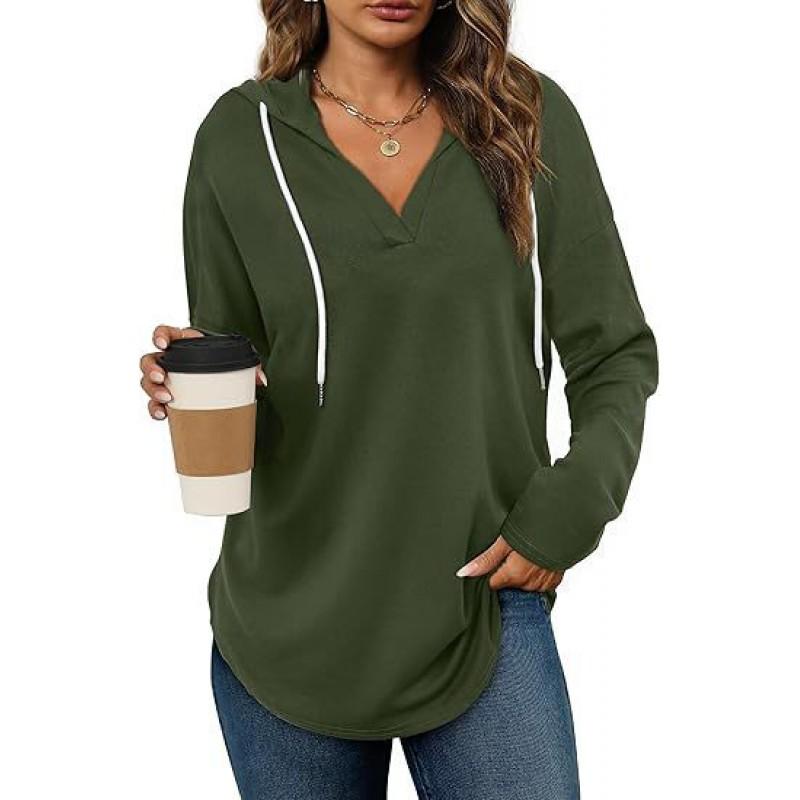 Womens Hooded V-Neck Long Sleeve Sweatshirt Loose Fit Casual Pullover Top In Solid Colors