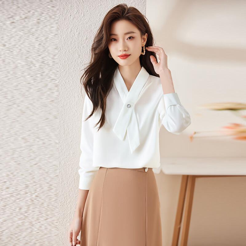 Teluoman Women s Long-Sleeve V-Neck Tie-Neck Blouse XL