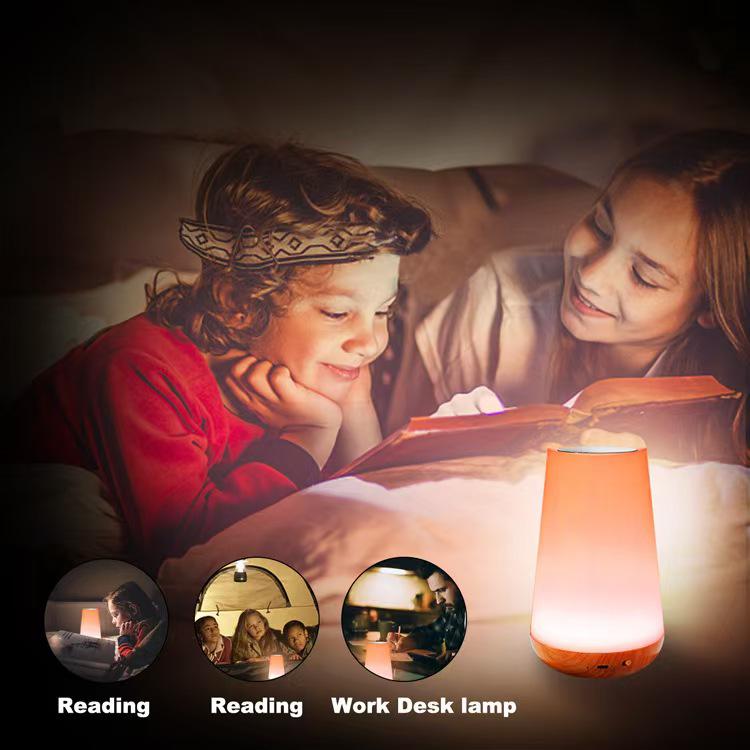 Wood Grain Touch Remote Bedside Table Lamp - 13-Color Night Light with Tap Control