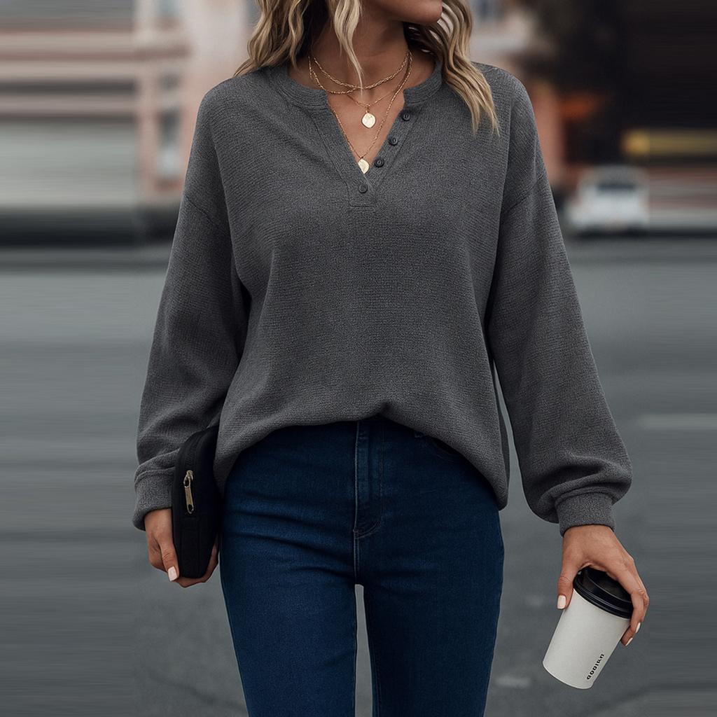Women's Fashionable Solid Color Long Sleeved V-neck Button Casual Loose Pullover Top
