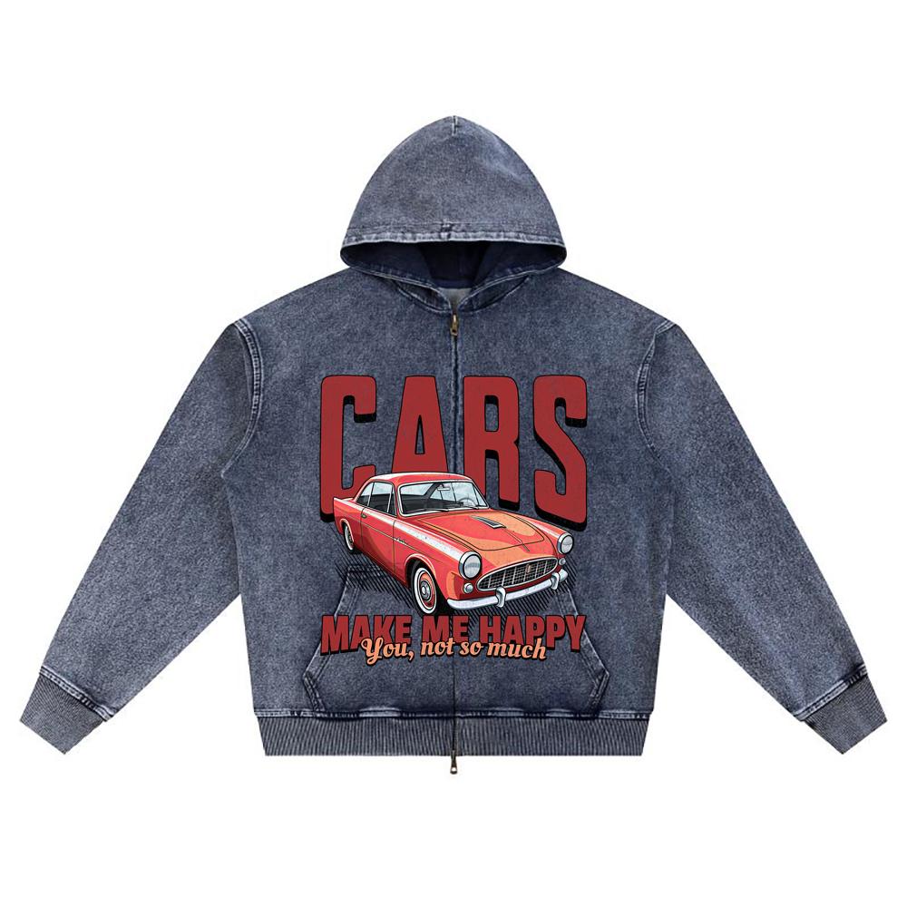 DTG print Knitted Denim Zip-Up Hoodie Cars Make Me Happy Brother Print Zipper Hoodies